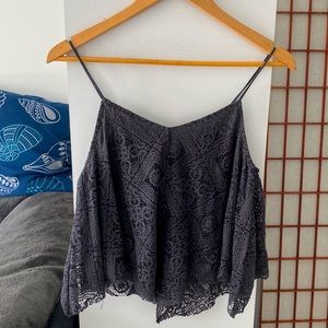 American Eagle Gray Lace Crop Top Blouse with Spaghetti Straps, Size S